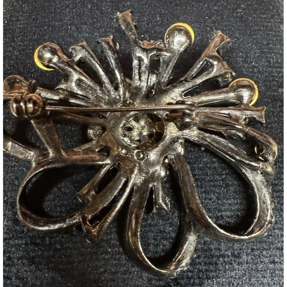 Vintage Rhinestone Starburst Flower Statement Brooch Black Champagne - Picture 10 of 14